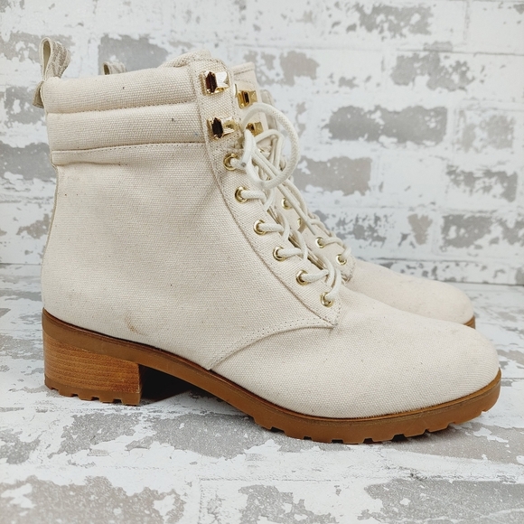 New New Michael Kors Light Cream Combat Textile Ankle Boots W381 - Picture 6 of 11